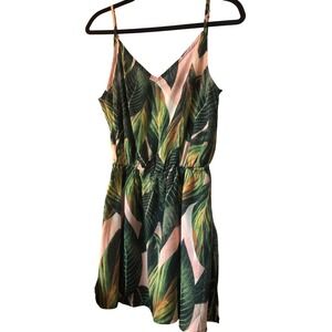 Zaful Tropical Leaf boho mini Dress Green Pink Elastic Waist vacation V-Neck M